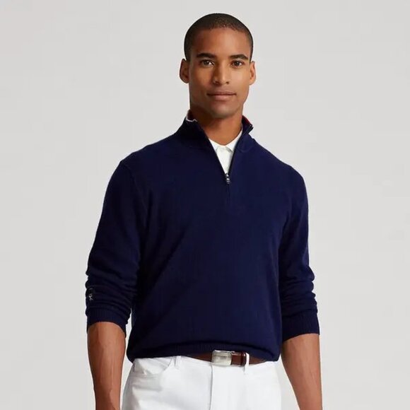 NWT New $368 Ralph Lauren RLX Washable Cashmere Quarter-Zip Navy Sweater Size XL - Picture 1 of 8